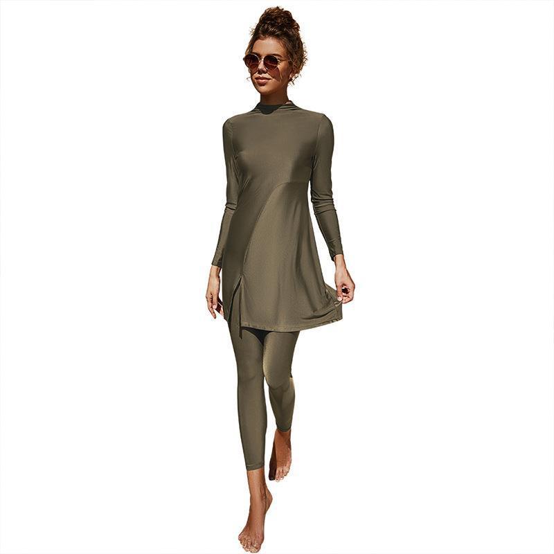 Pure Color Long-Sleeved Conservative Muslim Swimsuit for Beach and Surfing